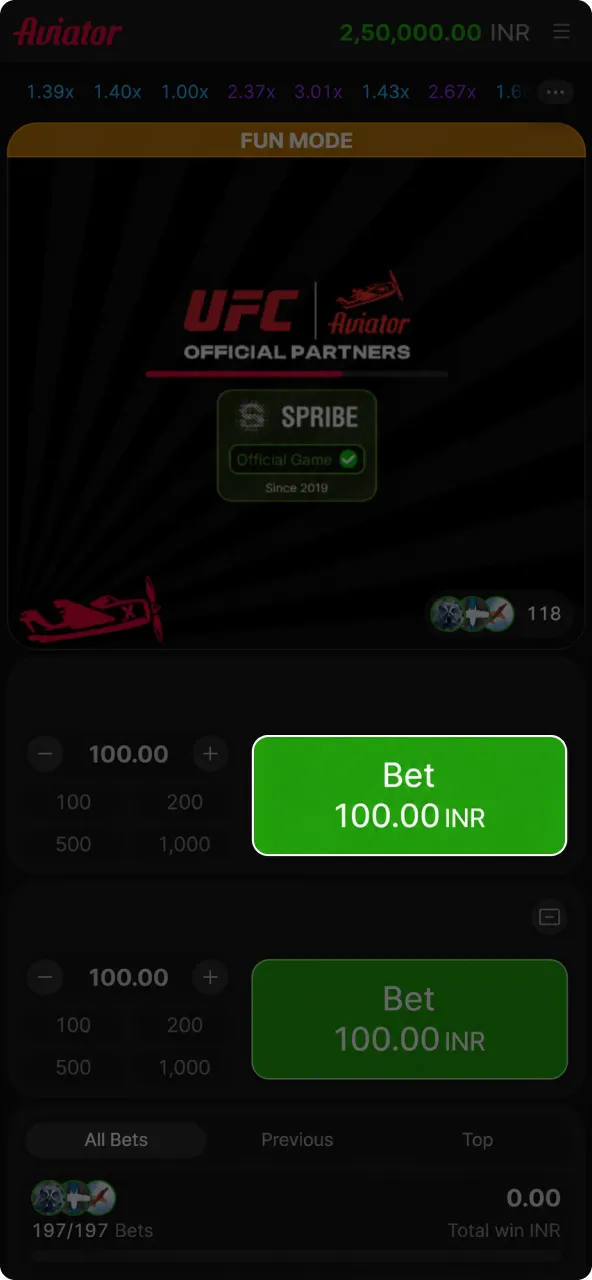 Confirm your bet to launch the practice Aviator app simulation.