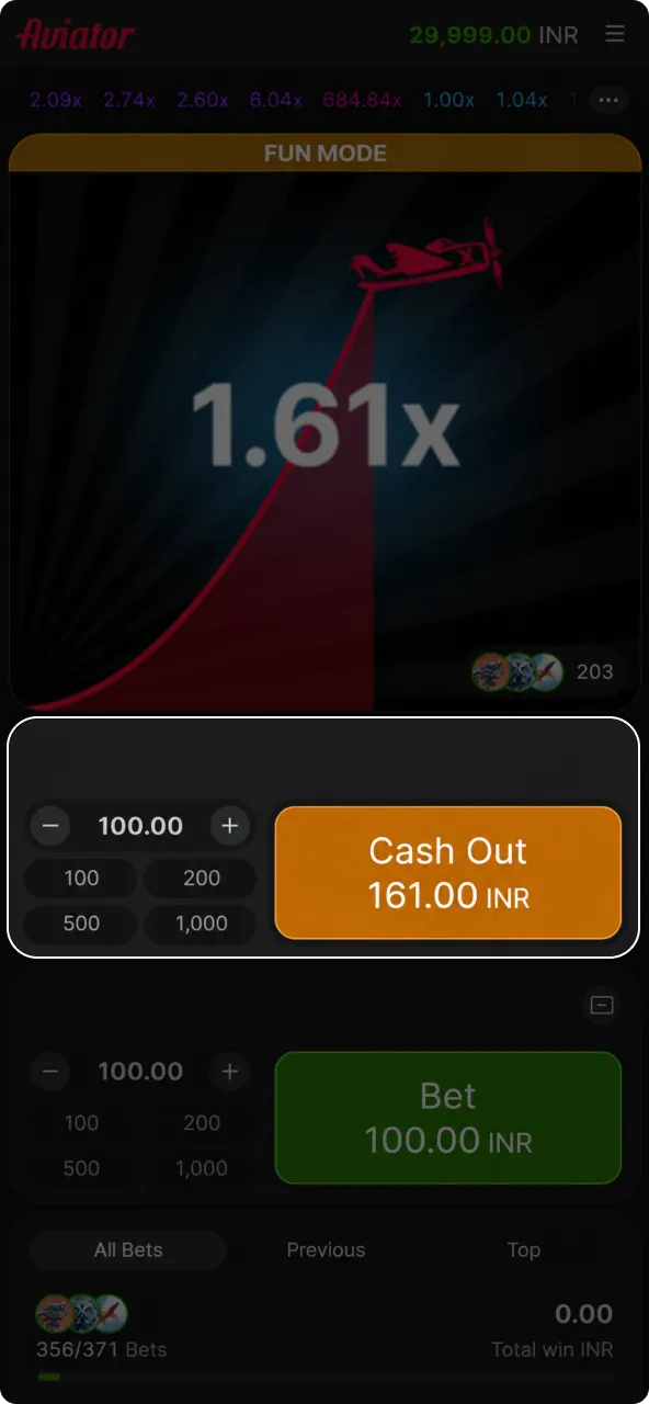 Click the cashout button to stop the flying Aviator game.