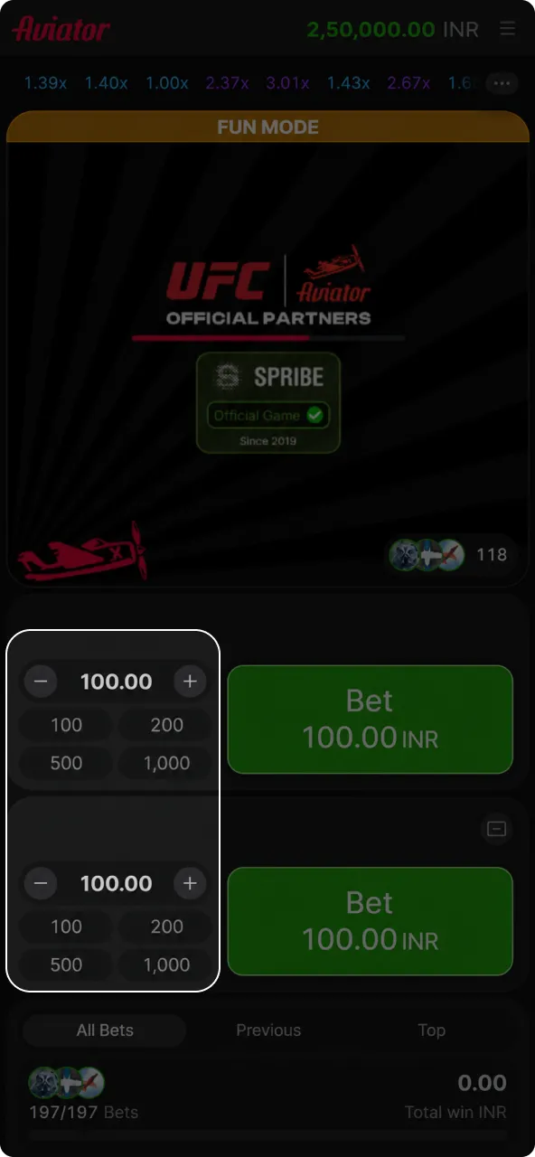 Choose your stake amount before starting the Aviator game round.