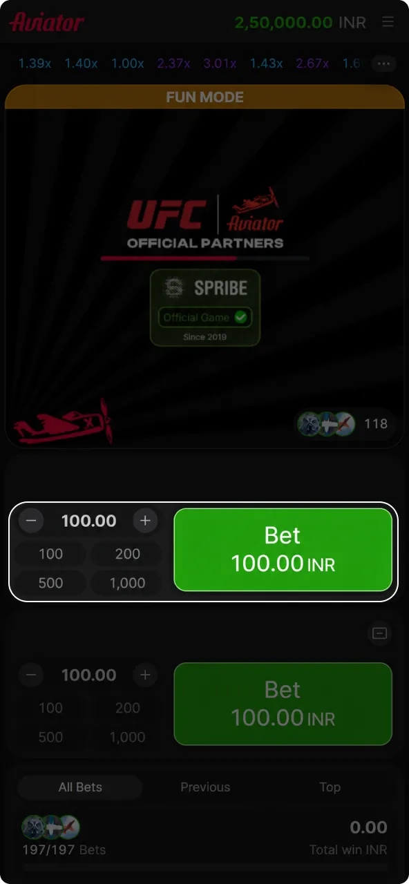 Place your stakes before the round begins in the Aviator game.